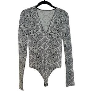 Wolford Black White Snake Print Snap V Neck Bodysuit Size Large